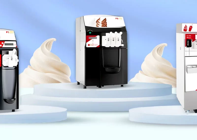 Tres máquinas de helado de yogurt en exhibición para portada de artículo
