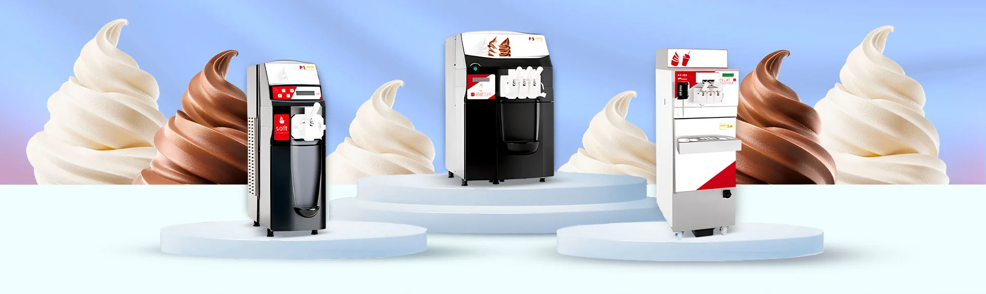 Tres máquinas de helado de yogurt en exhibición para portada de artículo