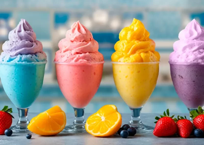 Sorbetes de diferentes sabores servidos en copas de cristal y decorados con frutas para portada de artículo