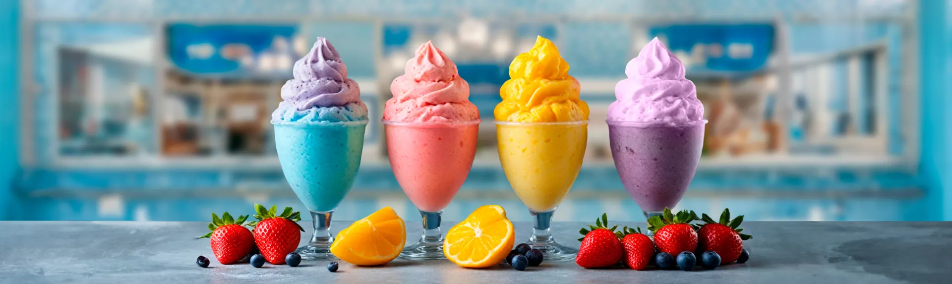 Sorbetes de diferentes sabores servidos en copas de cristal y decorados con frutas para portada de artículo