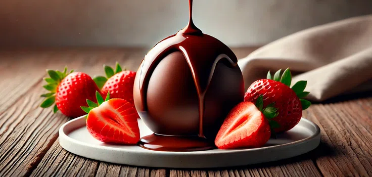 Bola mágica de chocolate servida con fresas