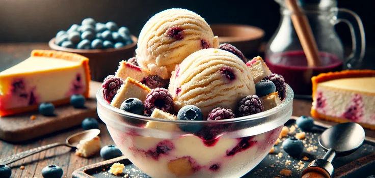 Helado artesanal de cheesecake servido en una copa con moras frescas