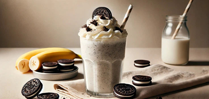 Vaso de shake de Oreo con helado de vainilla, plátanos maduros y galletas sobre la mesa