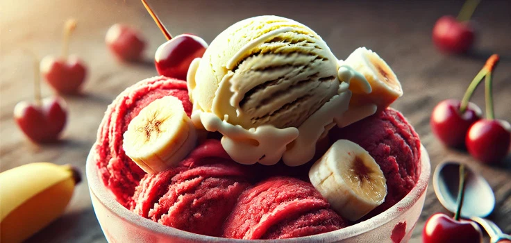 Sorbete de cereza con una bola de helado de plátano