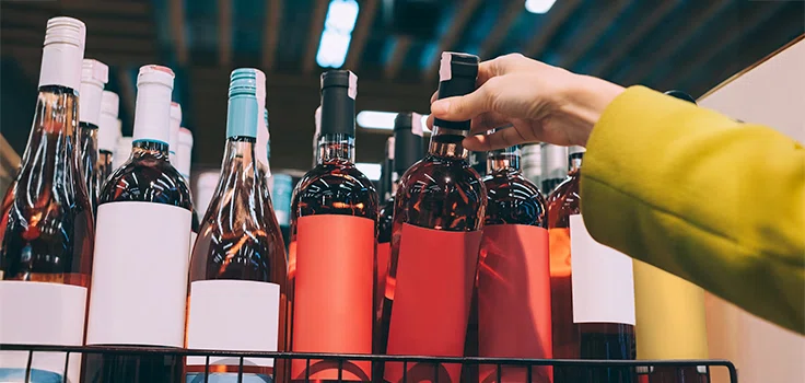 Persona tomando una botella de licor de un estante