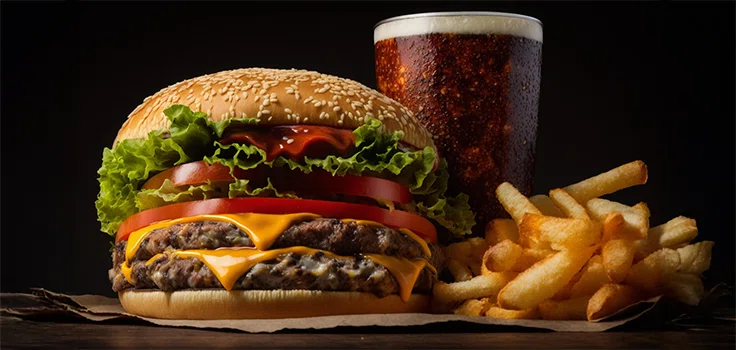 Hamburguesa, papas fritas y un vaso de refresco